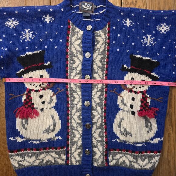VTG Woolrich Women’s M Handframed Royal Blue Snowman Winter Wool Knit Cardigan - Picture 14 of 16